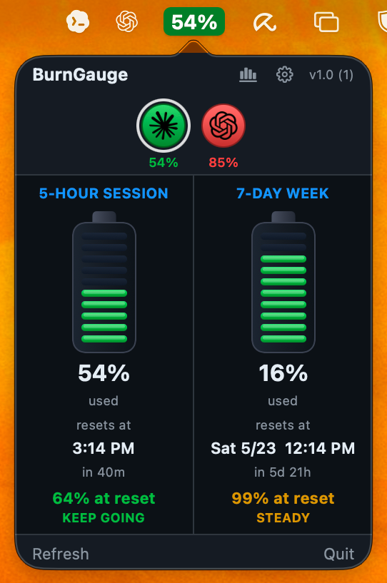 BurnGauge panel showing Claude 5-hour session and 7-day weekly usage with reset times and pace projection.