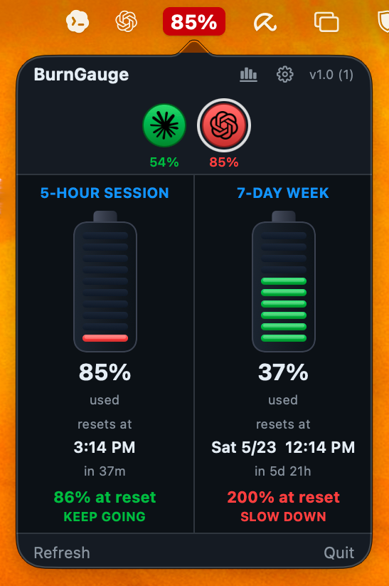 BurnGauge panel showing OpenAI Codex session and weekly usage limits with reset timing.