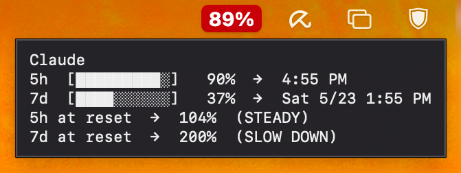 BurnGauge menu bar hover tooltip showing Claude 5h and 7d usage with at-reset projections.