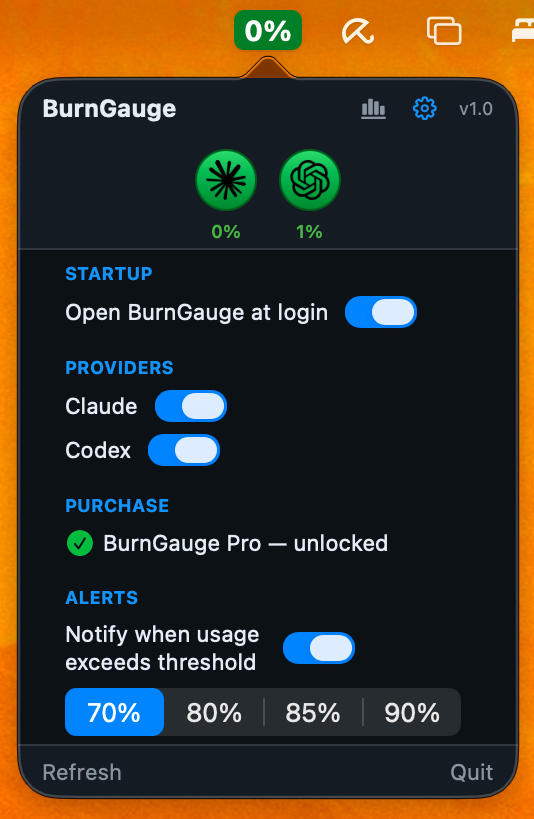 BurnGauge settings: launch at login, provider toggles, purchase status, and alert thresholds.