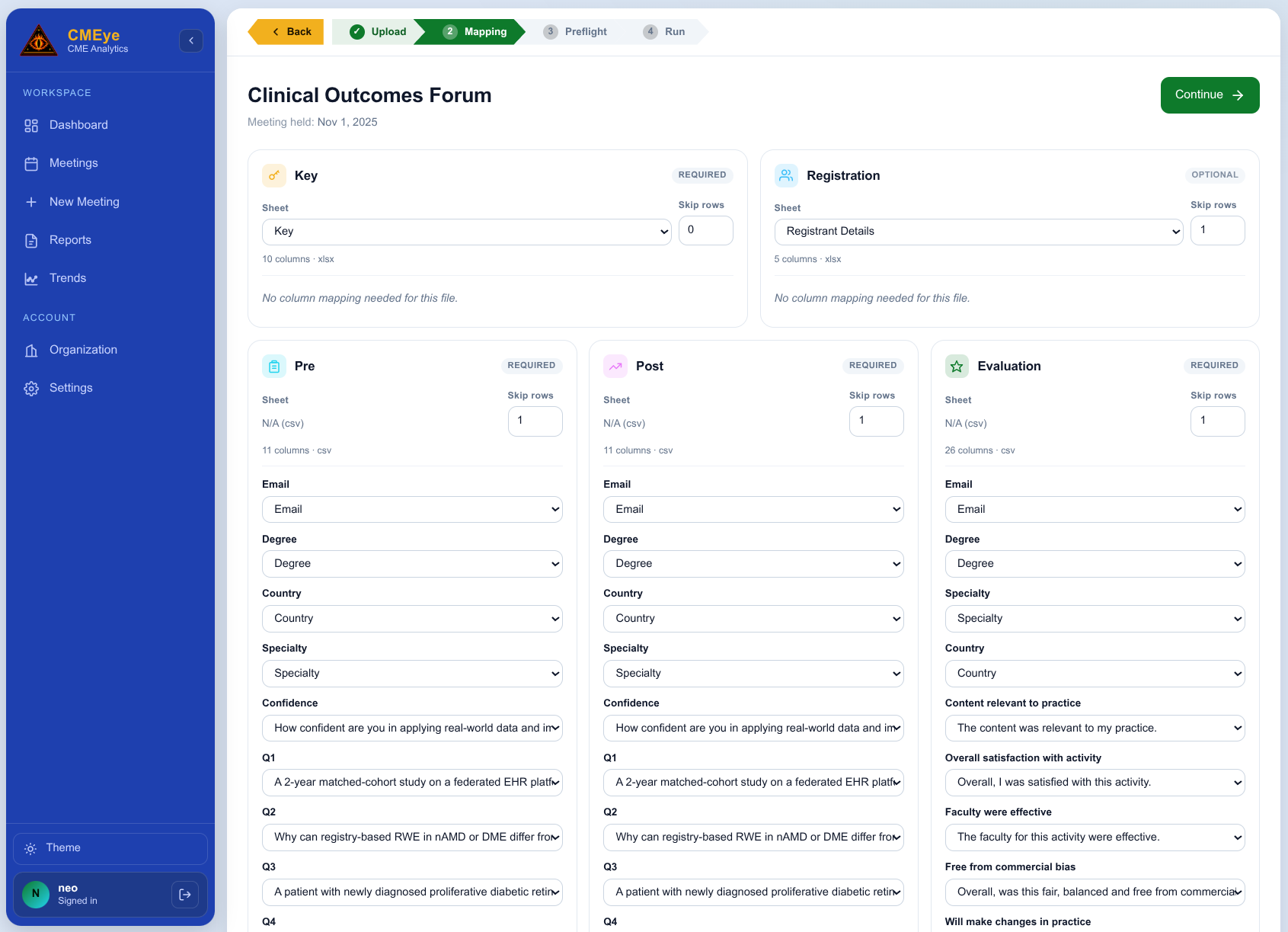 CMEye column-mapping screen with auto-suggested dropdowns for Key, Pre, Post, Evaluation, and Registration fields