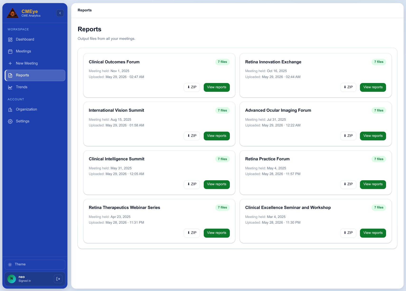 CMEye Reports library listing past meetings as cards with file counts and download buttons