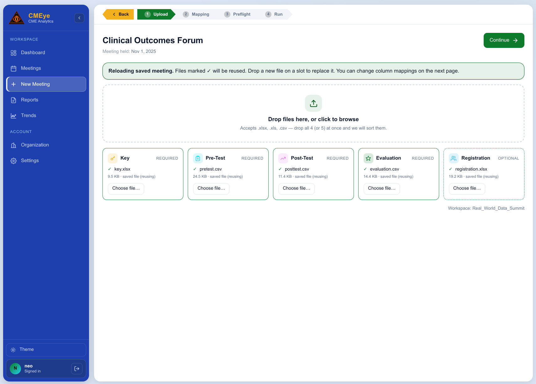 CMEye upload screen with a drop zone and cards for Key, Pre-Test, Post-Test, Evaluation, and Registration files